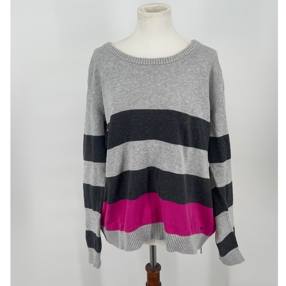 Tommy Hilfiger Women XXL Pima Cotton Striped Sweater Gray Pink Side Zip Pullover